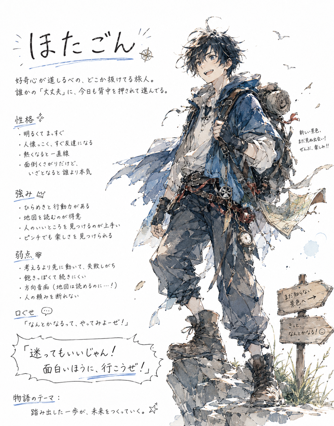 旅人ほたごんのキャラクターイラスト。性格・強み・弱点・口ぐせ・物語のテーマ